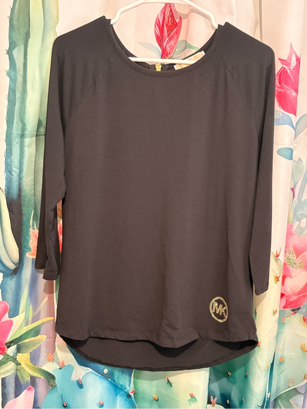 Michael Kors Women’s L Black Solid Knit Round Neck Zip Back MK Logo Top